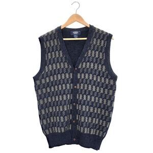 Hemingway Point Wool Blend Cardigan Vest XL Blue Tan Geometric Knit V-Neck Retro